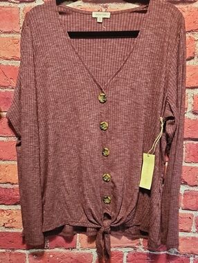 paper tee Mauve Ribbed Button-Front Tie Hem Top